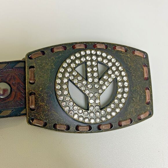 Ariat Peace Buckle Rhinestone Brown Leather Tooled Belt Western Mens 38 - Picture 2 of 8